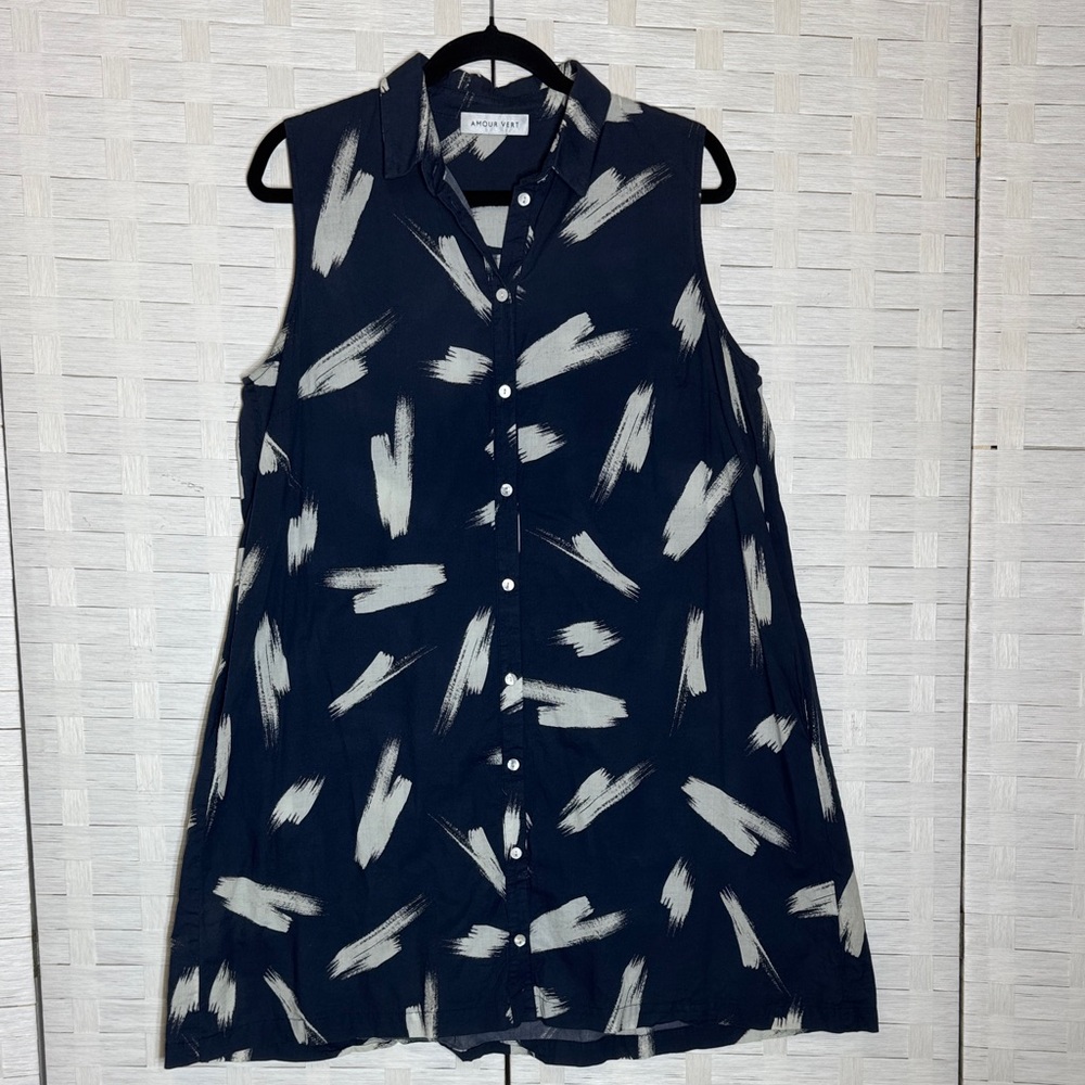 Amour Vert Sleeveless Navy & White Brushstroke Pattern Midi Dress see‎ sizing